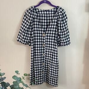 Zara Black & White Checkered Puff Sleeve Button Up Mini Dress Medium Fall Boho